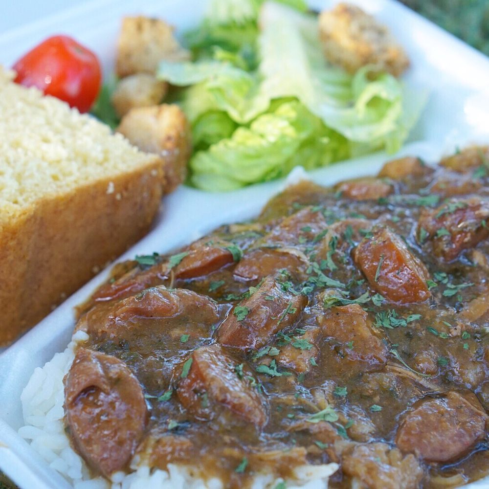 Sausage gumbo (spicy) over white rice w/ cornbread & a salad Sausage gumbo (spicy) over white rice w/ cornbread & a salad