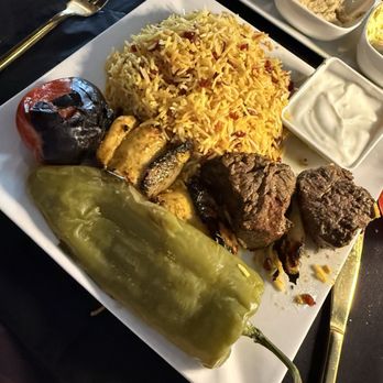 Saffron Restaurant and Lounge - Filet & chicken kebab (we shared plates). Each kebab is served with 4 pieces & we had 2 of each - Persian/Iranian Near Me - Palm Springs, California