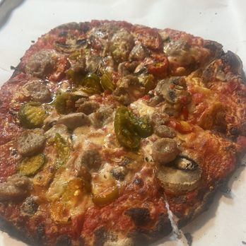 Sally's Apizza - Small12" Hot pepper, mushroom, onion, and sausage mozzarella and red sauce pie. - Pizza Near Me - New Haven, Connecticut Sally's Apizza - Small12" Hot pepper, mushroom, onion, and sausage mozzarella and red sauce pie. - Pizza Near Me - New Haven, Connecticut