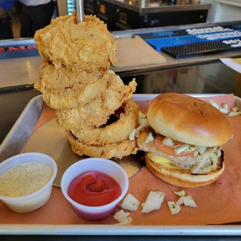 Mae & Co - Hot Fish Sammy with onion rings - Seafood Near Me - Shreveport, Louisiana