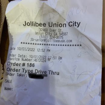 Jollibee - Front of the receipt taped to the bag - Fast Food Near Me - Union City, California Jollibee - Front of the receipt taped to the bag - Fast Food Near Me - Union City, California