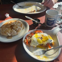 Got the Rambling Platter without ham (don't like it in my breakfast) and replaced toast with pancakes . Got the Rambling Platter without ham (don't like it in my breakfast) and replaced toast with pancakes .