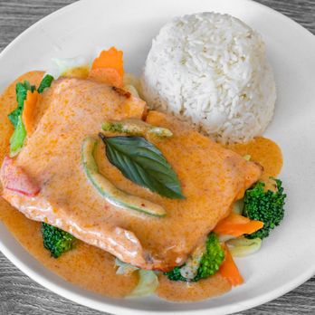 Malee Thai by Sriracha - Salmon in house special sauce - Thai Near Me - Carson, California Malee Thai by Sriracha - Salmon in house special sauce - Thai Near Me - Carson, California
