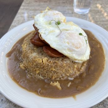 Aloha Stacks - Loco Moco with Portuguese sausage and fried rice - Breakfast & Brunch Near Me - Irvine, California