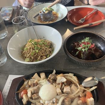 Star Noodle - Eggplant, braised short ribs, garlic noodles and bacon and eggs. - Asian Fusion Near Me - Lahaina, Hawaii