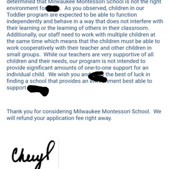 Milwaukee Montessori School - Rejection letter - Elementary Schools Near Me - Milwaukee, Wisconsin