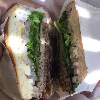 The Original Red Onion - Mushroom burger, add bacon, well done, raw onion, cut in half. - Burgers Near Me - Pinole, California