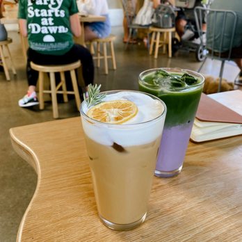 Work in Progress - Rosemary latte with oat milk and sweet cream& ube matcha latte with regular milk - Wine Bars Near Me - Costa Mesa, California