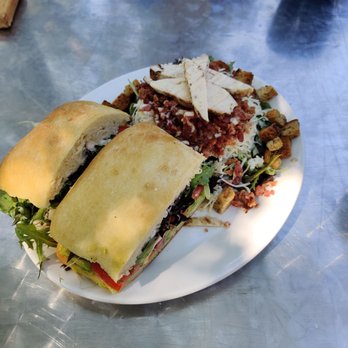 Silver Bean Cafe - Chicken avocado sandwich on focaccia with a side caesar salad - Cafes Near Me - Peterborough, Ontario