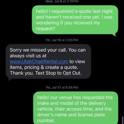 Utah Chair Rental - they stopped responding to any of my texts