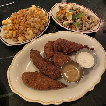 Haberdish - Mac and cheese with fried chicken skins, charred cauliflower, fried chicken skins. - Southern Near Me - Charlotte, North Carolina