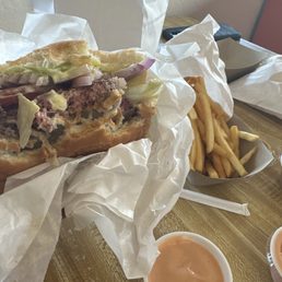 Super good old-fashioned hamburger and a lot of fries