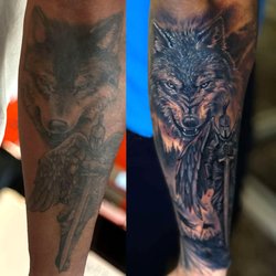 Alex chiong Tattoo Studio - Lack and grey wolf and warrior forearm tattoo cover-up at Alex Chiong Tattoo Studio in North Miami