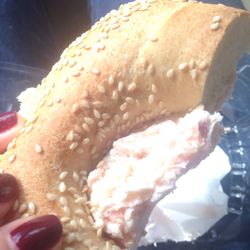 Toasted Bagelry & Deli - Sesame seed bagel with lox spread. Yum!