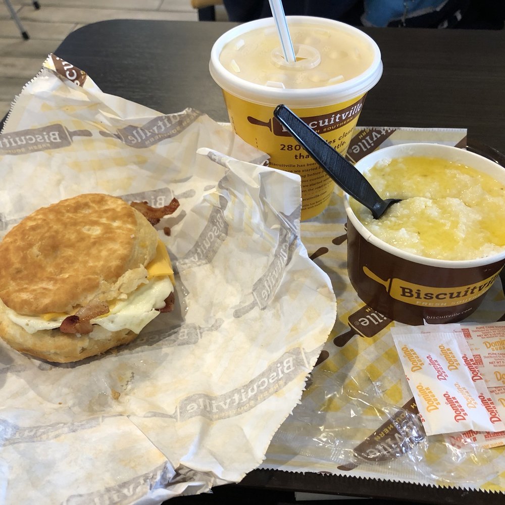 Bacon egg and cheese with grits and OJ