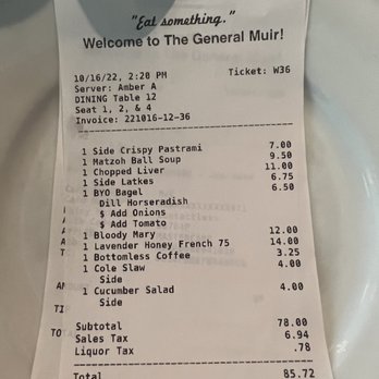 The General Muir - Added a $12 tip reluctantly. The service was not commiserate for almost $100 brunch for 2. - Delis Near Me - Atlanta, Georgia The General Muir - Added a $12 tip reluctantly. The service was not commiserate for almost $100 brunch for 2. - Delis Near Me - Atlanta, Georgia