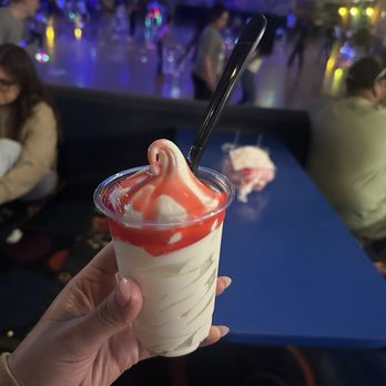 Roller King Skating & Blading - Ice cream with Hershey strawberry sauce - Skating Rinks Near Me - Roseville, California Roller King Skating & Blading - Ice cream with Hershey strawberry sauce - Skating Rinks Near Me - Roseville, California