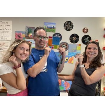 Twig and Berry Art Studio - Three smiling people showing off their stained glass creations - Art Classes Near Me - Gibsonia, Pennsylvania Twig and Berry Art Studio - Three smiling people showing off their stained glass creations - Art Classes Near Me - Gibsonia, Pennsylvania