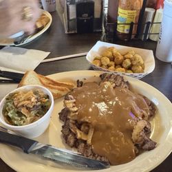 Mallett Brothers Barbeque - Large hamburger steak with sides