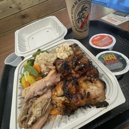 Teriyaki Chicken, Kalua Pig, Macaroni Salad, Brown Rice and Veggies Teriyaki Chicken, Kalua Pig, Macaroni Salad, Brown Rice and Veggies