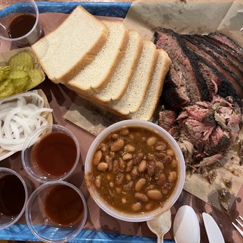 Franklin Barbecue - Brisket (1 lb) + Pulled Pork (1/4 lb) + Pinto Beans (pint)  Bread, Pickles, onions are free - Barbeque Near Me - Austin, Texas
