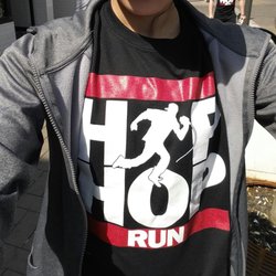 Hip Hop Run - The thick black cotton t-shirts. Design is nice but wish material was sweat-wicking performance material.