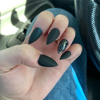 Inagar Nails Spa - Matte black with sparkle accent stiletto shape nails - Nail Salons Near Me - Roseville, California