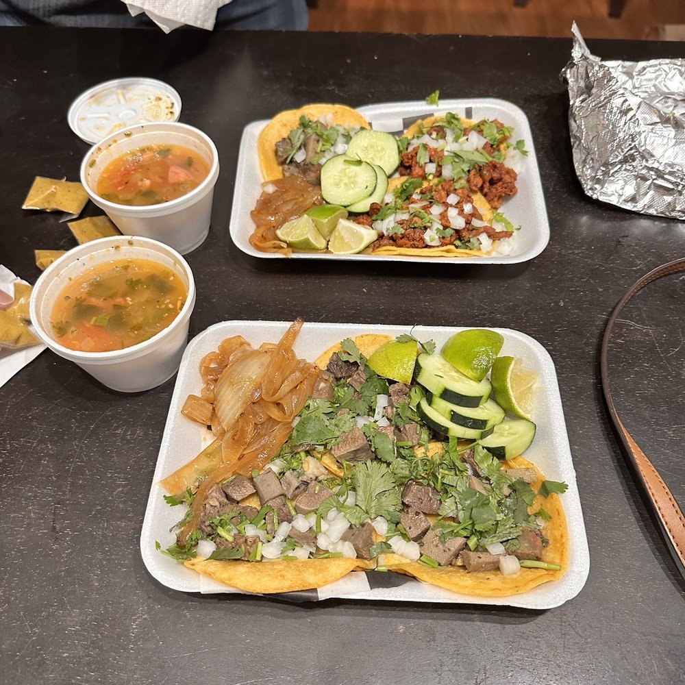 Sabor y Sason - Charro beans, front plate has (2) lengua tacos on corn tortillas, back plate has (2) pastor tacos on corn tortilla. - Food Trucks Near Me - Houston , Texas