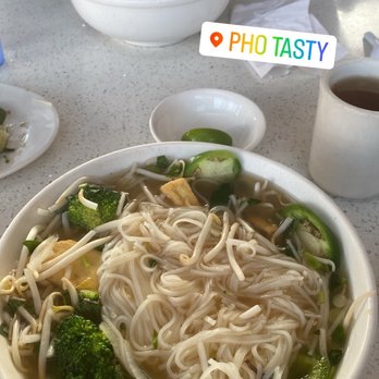 Pho Tasty - 20A. Pho with Tofu and Broccoli with veg broth and 16. Pho with Chicken (in the background) - Vietnamese Near Me - Artesia, California