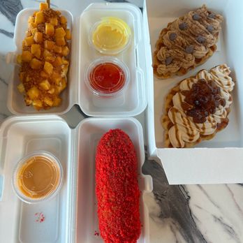 Mochiatsu - potato mozzarella dog & cheeto mozzarella dog with tiramisu croffle (top) and brown sugar boba croffle (bottom) - Donuts Near Me - Manchester, Missouri