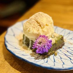 French vanilla ice cream with matcha mochi cake