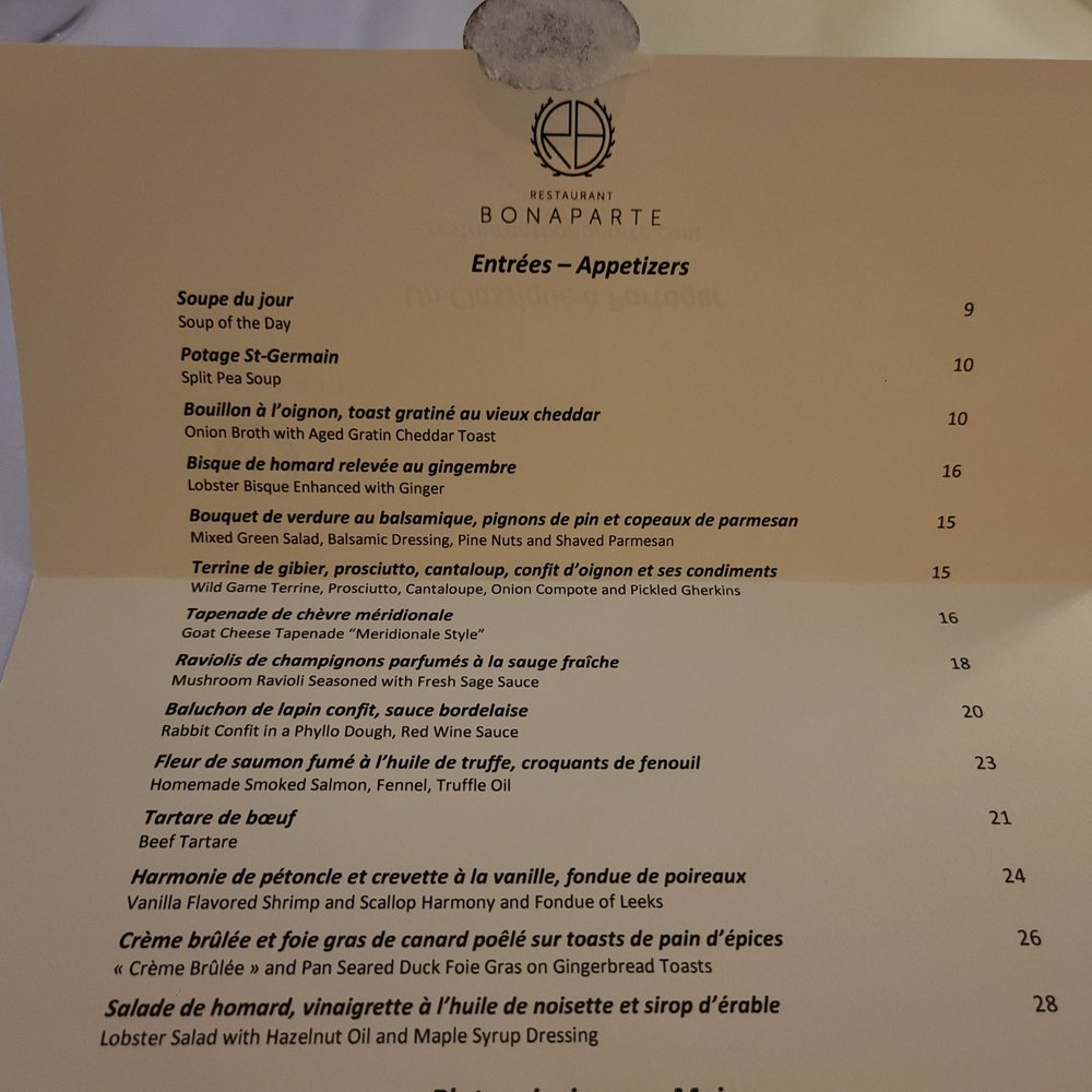 Restaurant Bonaparte - dinner menu 1/2 - French Near Me - Montreal, Quebec Restaurant Bonaparte - dinner menu 1/2 - French Near Me - Montreal, Quebec