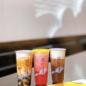 Sunright Tea Studio - Sunnyvale - COVID-19 TAKEOUT (L to R): Grass Jelly Boba Milk ($5.65), Oolong Cheese Foam ($4.75), Strawberry Jasmine Tea ($4.75) - Bubble Tea Near Me - Sunnyvale, California