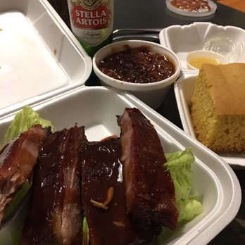Red Bee Bbq - Four ribs with baked beans and cornbread. - Barbeque Near Me - Windsor, California