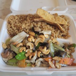 South China - Cashew Chicken/Fried Rice w/Crab Rangoon. Very good.