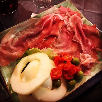 Trattoria Caprese - Mozzarella, prosciutto and melon salad with tomatoes, olives and a lettuce leaf - Trattorie Near Me - Bergamo, BG Trattoria Caprese - Mozzarella, prosciutto and melon salad with tomatoes, olives and a lettuce leaf - Trattorie Near Me - Bergamo, BG