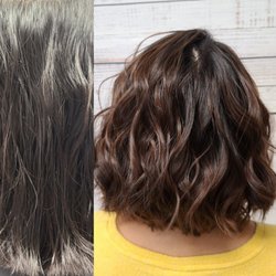 Chocolate balayage ombre and angled lob haircut by Mandie.