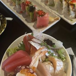 (Front to back) Chirashi Bowl, Volcano Roll, Big Daddy Roll (Front to back) Chirashi Bowl, Volcano Roll, Big Daddy Roll