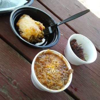 Blue Moon BBQ - Cowboy cornbread (left), and a bean pot (right) - Barbeque Near Me - Hearne, Texas
