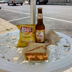 Badger Cheese Haus - Ooey gooey pimento cheese sandwich, chips, & a Stag beer