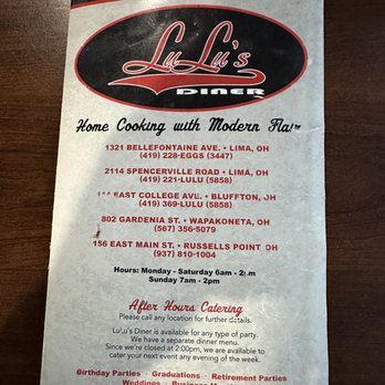 LuLu's Diner - Menu cover. - Diners Near Me - Wapakoneta, Ohio