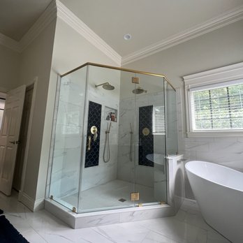 Econo Glass Systems - Frameless Neo-Angle Shower Enclosure with Satin Brass Hardware - Glass & Mirrors Near Me - Louisville, Kentucky Econo Glass Systems - Frameless Neo-Angle Shower Enclosure with Satin Brass Hardware - Glass & Mirrors Near Me - Louisville, Kentucky