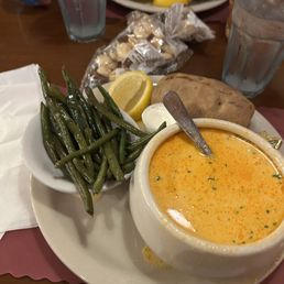 Lobster Stew, tastes good, very small portion of Lobster in it for $49.00. Greasy cold green beans. Lobster Stew, tastes good, very small portion of Lobster in it for $49.00. Greasy cold green beans.