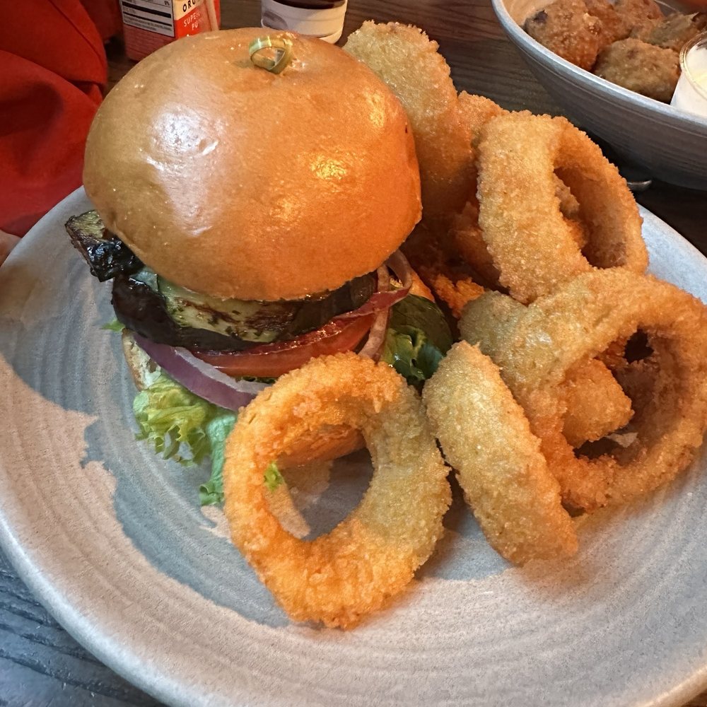 Dragon's Den - Farmers market veg sandwich with onion rings. - American Near Me - Carlsbad, California Dragon's Den - Farmers market veg sandwich with onion rings. - American Near Me - Carlsbad, California