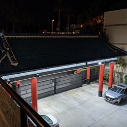 The view of the parking lot from our room. Loved the homage to the Japanese tile roof. The view of the parking lot from our room. Loved the homage to the Japanese tile roof.