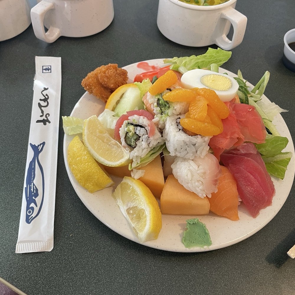 Delicious soups and fresh sushi and fruit Delicious soups and fresh sushi and fruit