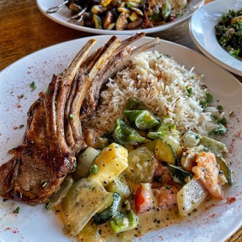 Arabesque - New Zealand lamb chops with creamy garlic butter vegetables. - Mediterranean Near Me - Columbia, South Carolina Arabesque - New Zealand lamb chops with creamy garlic butter vegetables. - Mediterranean Near Me - Columbia, South Carolina