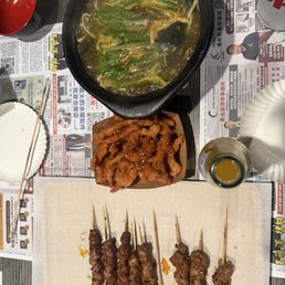 Rice noodles, boneless chicken, and lamb skewers Rice noodles, boneless chicken, and lamb skewers