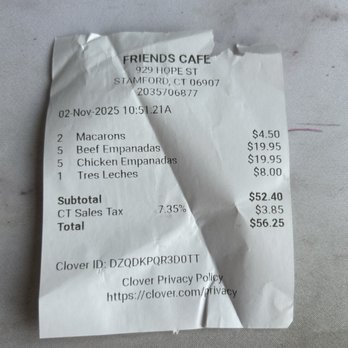 Friends Cafe - Receipt - Cafes Near Me - Stamford, Connecticut