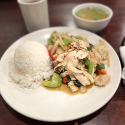 Lemongrass chicken, side of bone broth and a hot tea